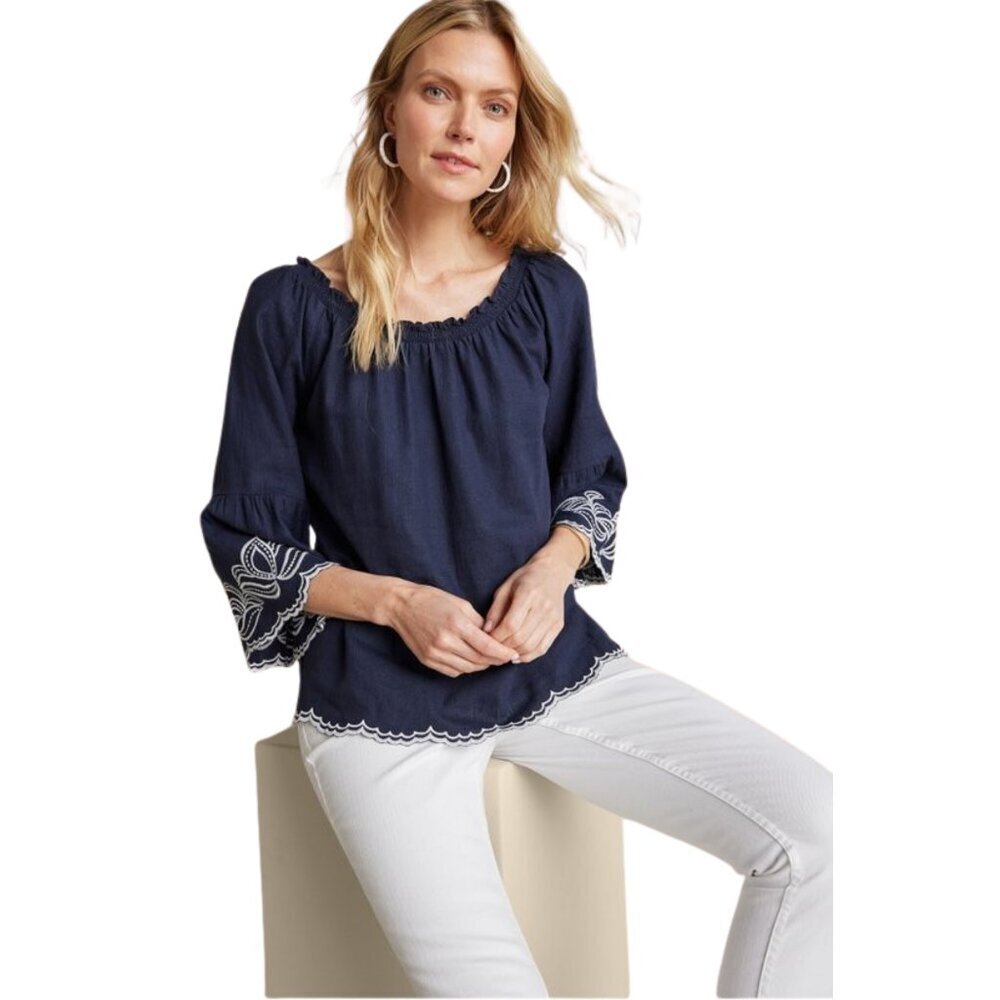 Soft Surroundings Josey Embroidered Bell Sleeve Top Linen Blend Boho - Small NWT